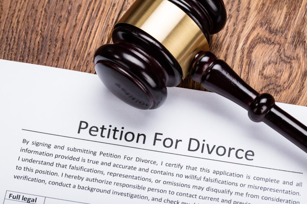Petition for divorce document with judge's gavel